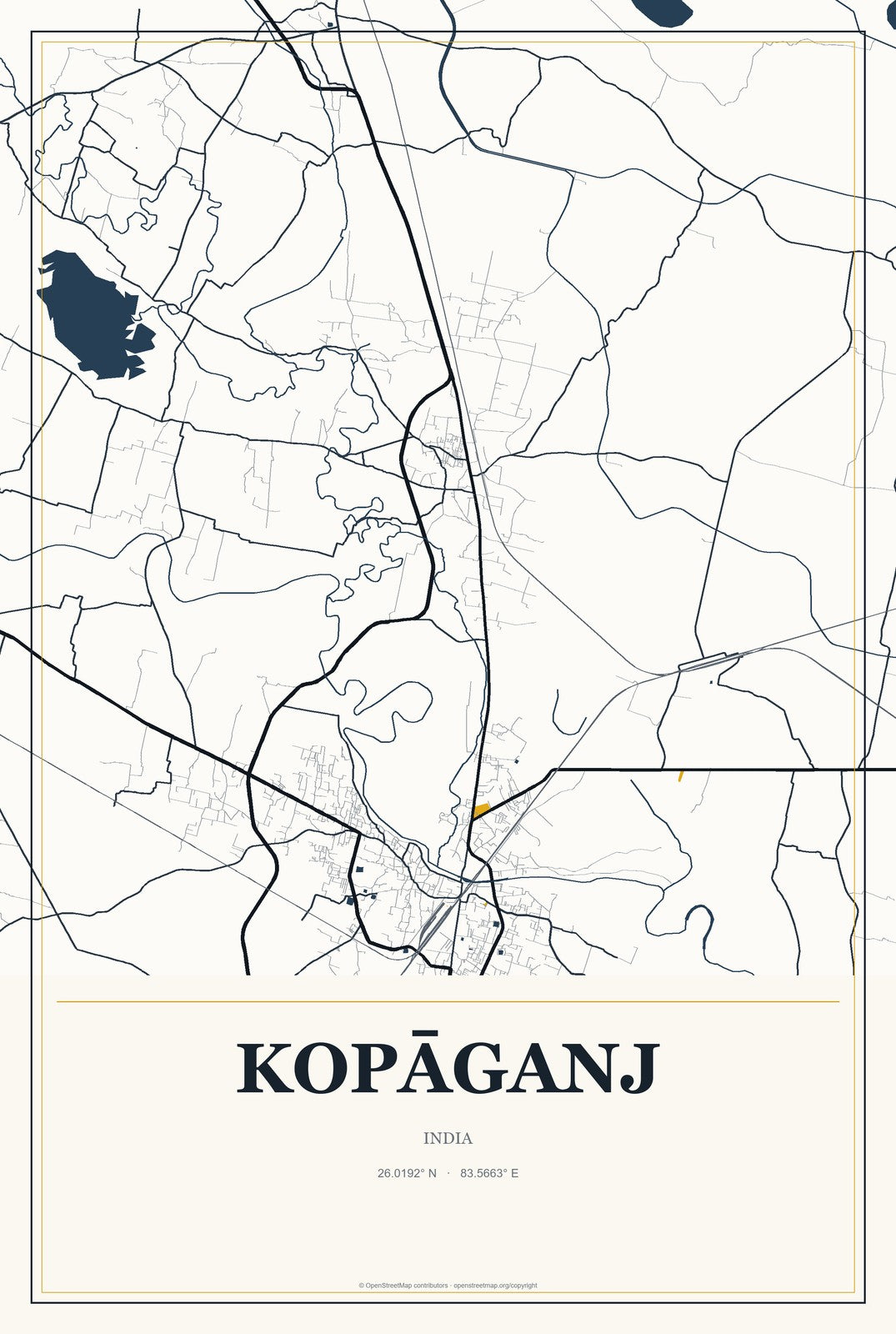 Kopāganj, India City Map Aluminum Sign in Citrine Modern style