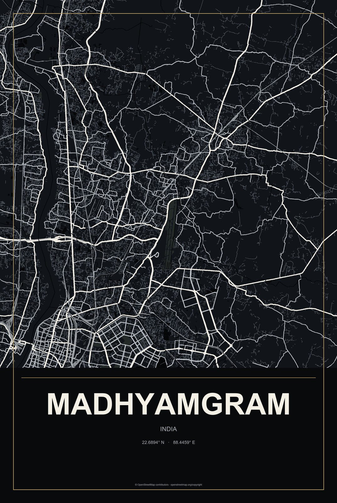 Madhyamgram, India City Map Aluminum Sign in Metropolitan Noir style