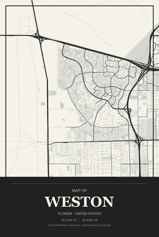 Weston, Florida City Map Aluminum Sign in Museum Plaque style