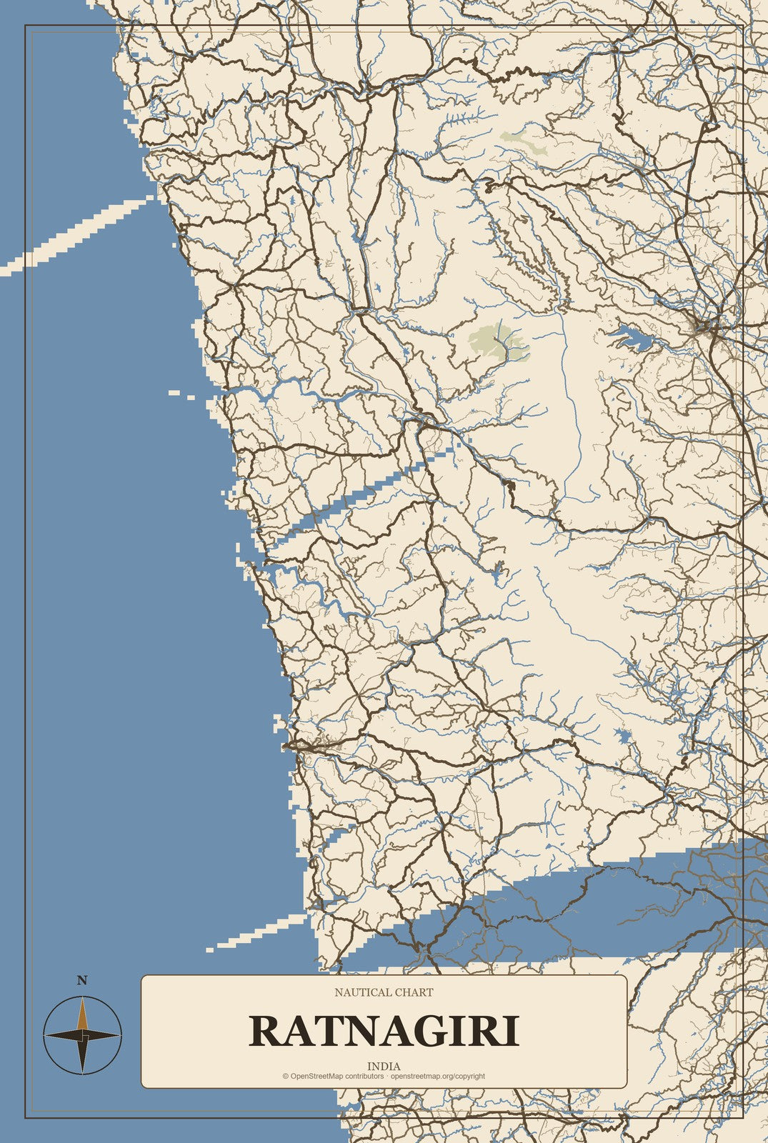 Ratnagiri, India City Map Aluminum Sign in Heritage Nautical style