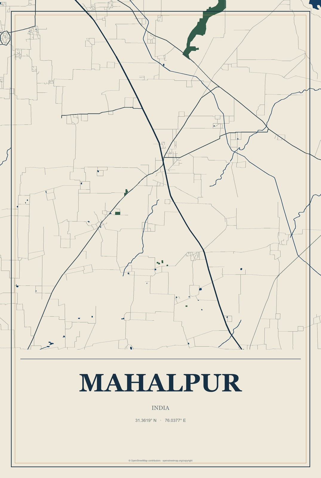 Mahalpur, India City Map Aluminum Sign in Coastal Cutout style