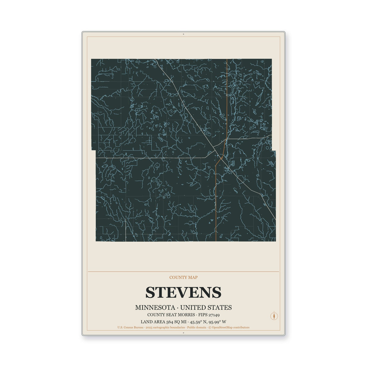 Stevens County, Minnesota Map Aluminum Sign in Headline Atlas style