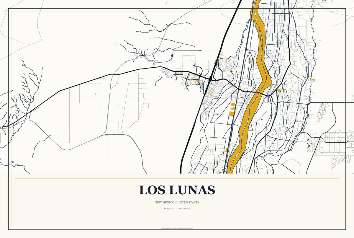 Los Lunas, New Mexico City Map Aluminum Sign in Citrine Modern style