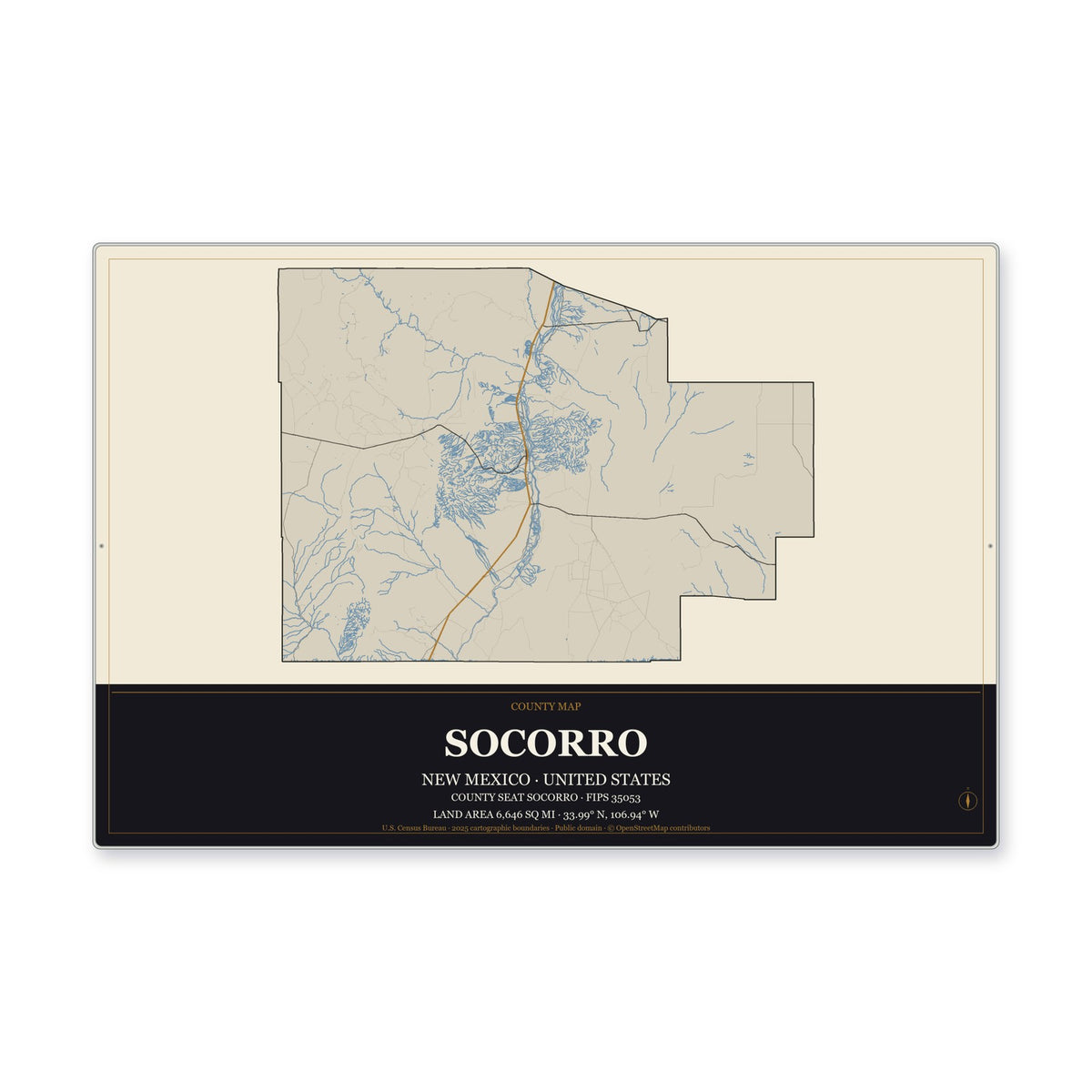 Socorro County, New Mexico Map Aluminum Sign in Museum Plaque style