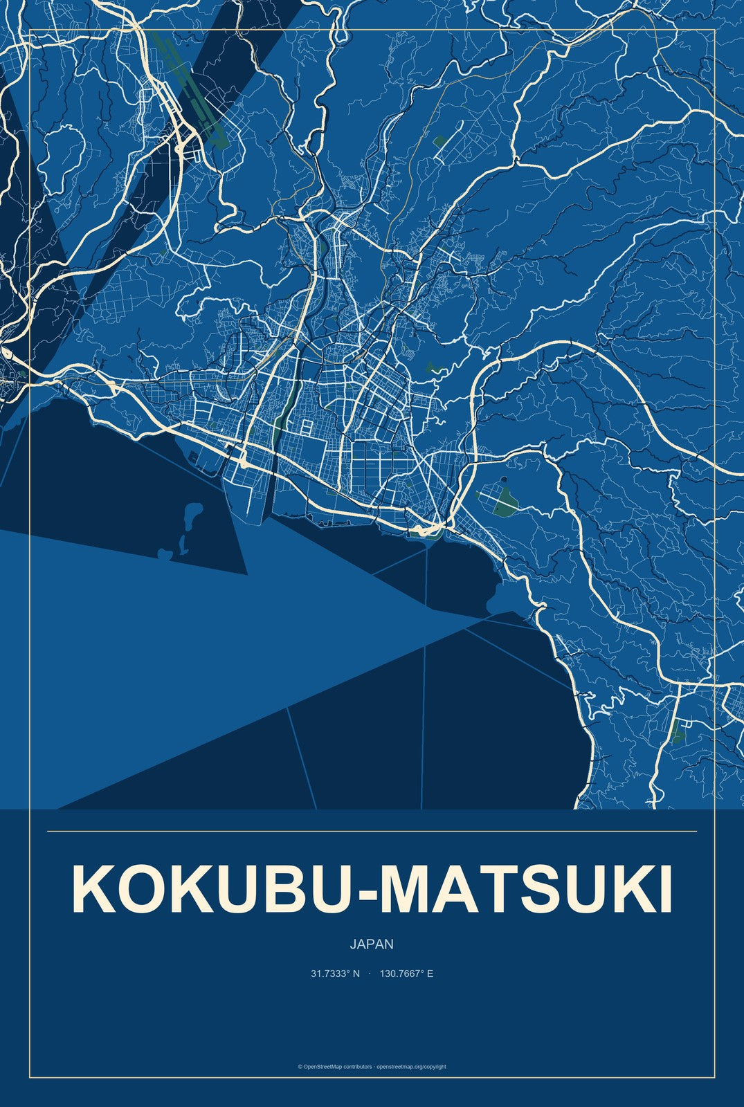 Kokubu-matsuki, Japan City Map Aluminum Sign in Harbor Cobalt style