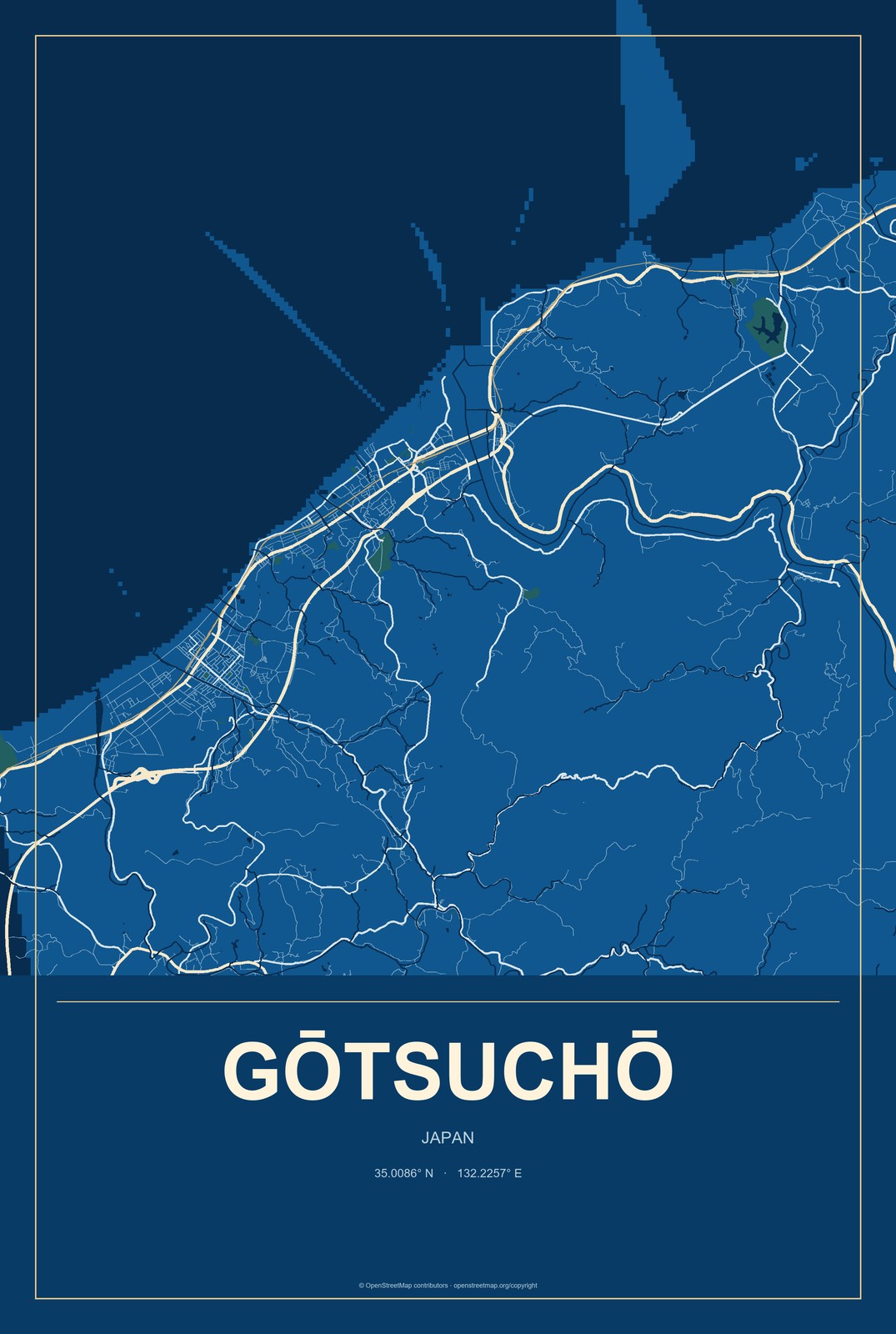 Gōtsuchō, Japan City Map Aluminum Sign in Harbor Cobalt style