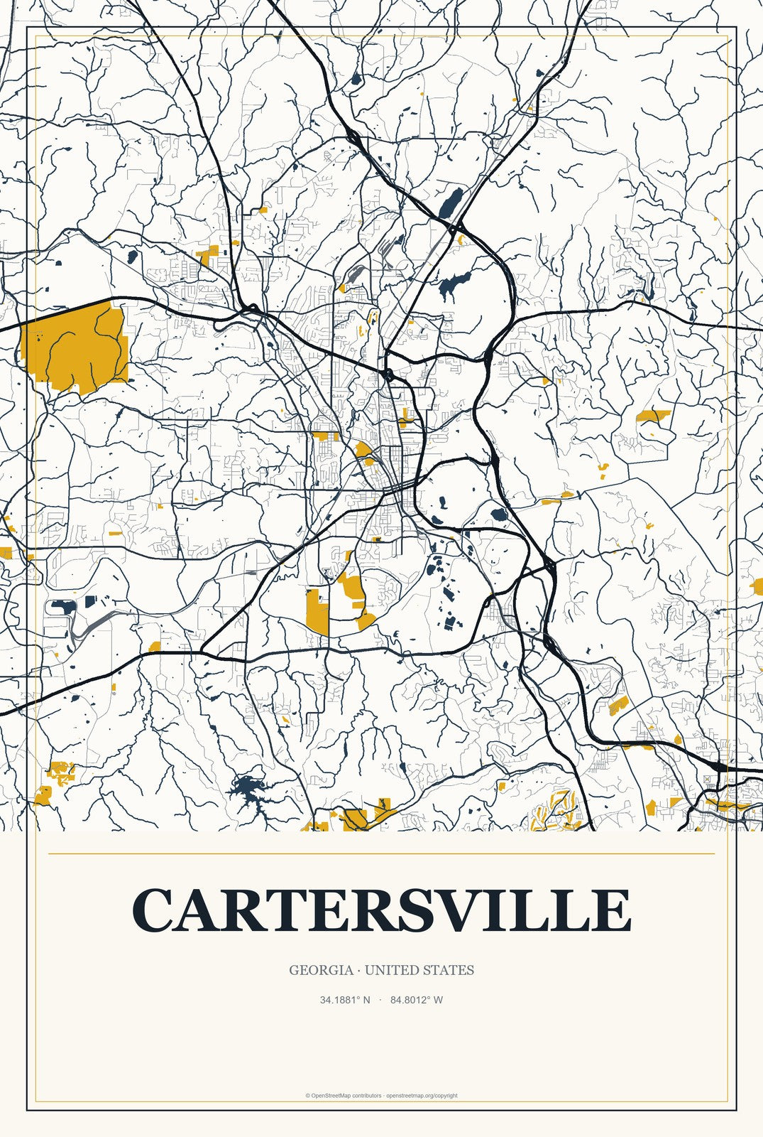 Cartersville, Georgia City Map Aluminum Sign in Citrine Modern style
