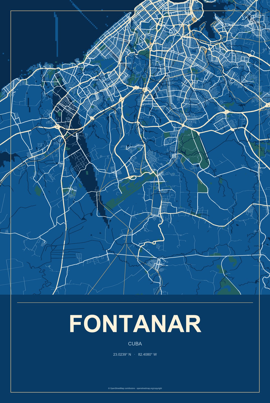 Fontanar, Cuba City Map Aluminum Sign in Harbor Cobalt style