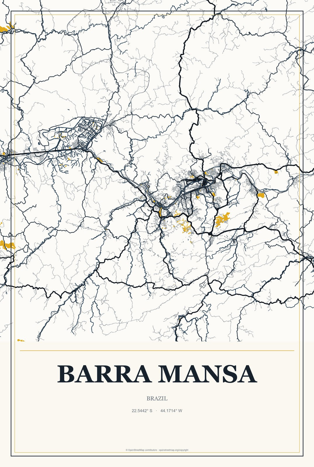 Barra Mansa, Brazil City Map Aluminum Sign in Citrine Modern style