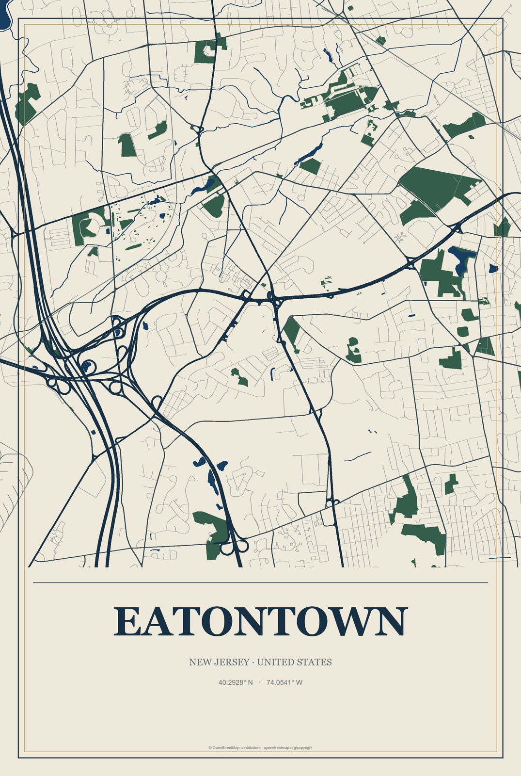 Eatontown, New Jersey City Map Aluminum Sign in Coastal Cutout style