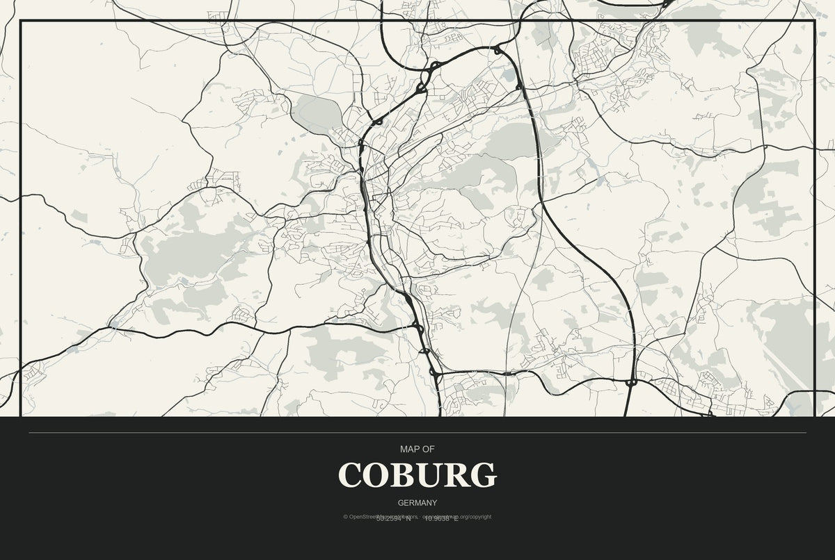 Coburg, Germany City Map Aluminum Sign in Museum Plaque style