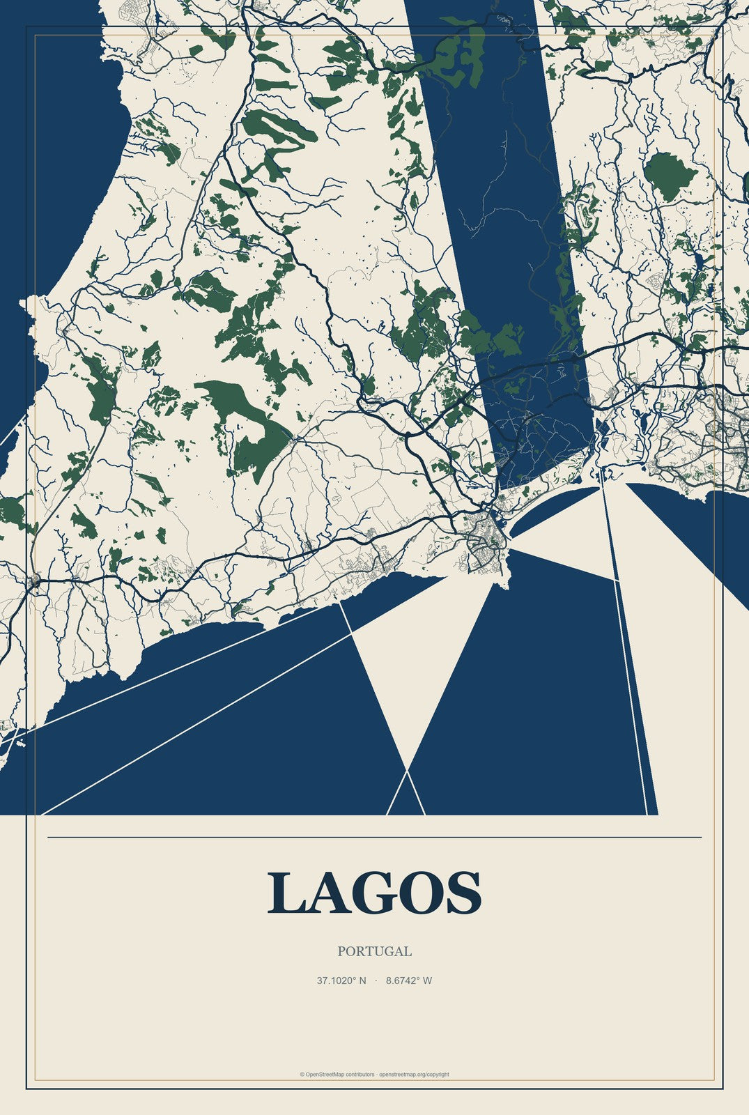 Lagos, Portugal City Map Aluminum Sign in Coastal Cutout style