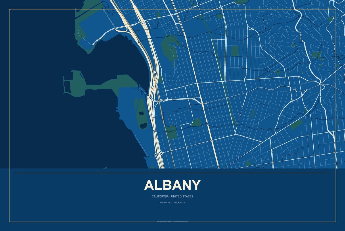 Albany, California City Map Aluminum Sign in Harbor Cobalt style