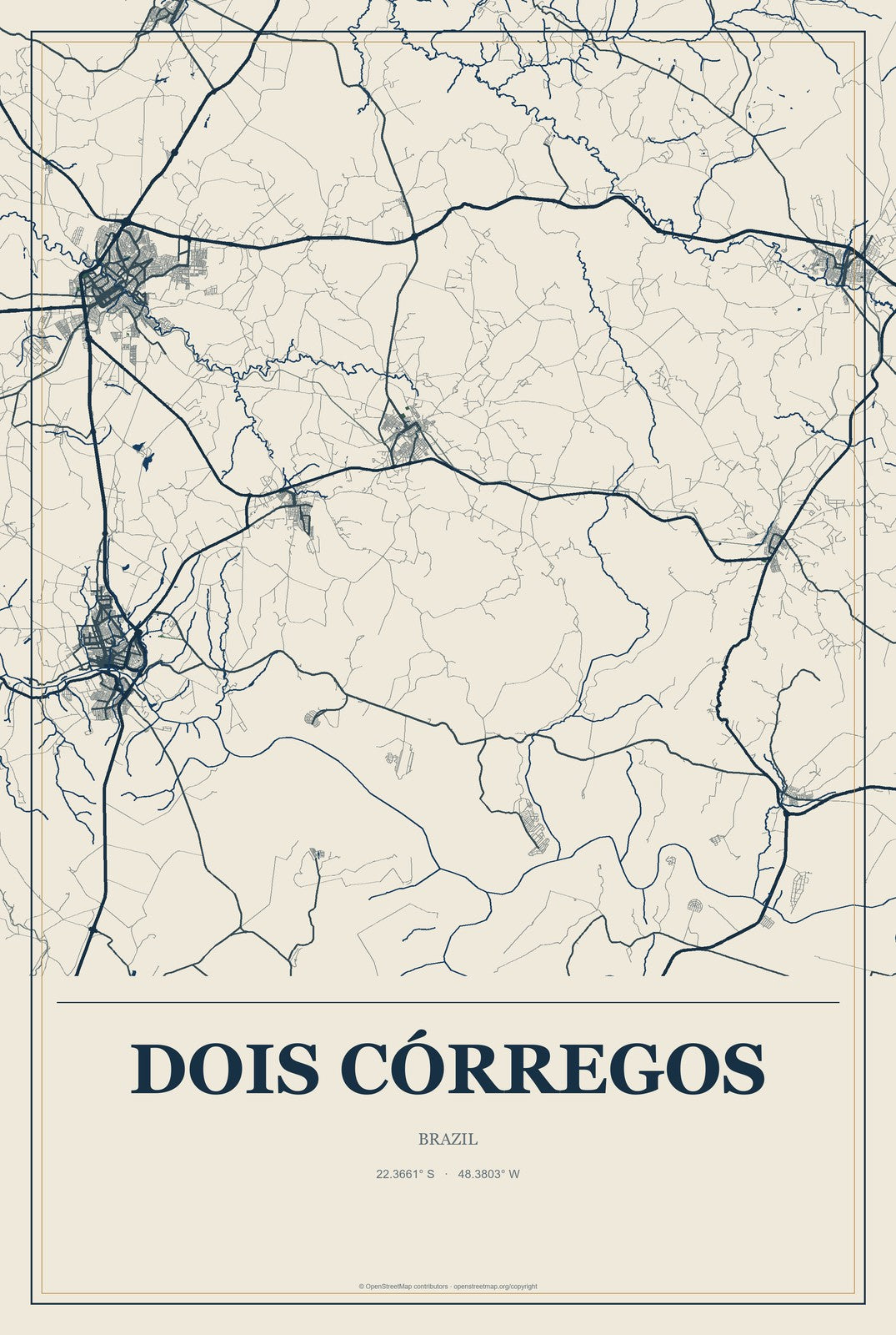Dois Córregos, Brazil City Map Aluminum Sign in Coastal Cutout style