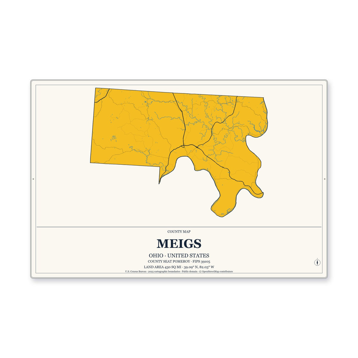 Meigs County, Ohio Map Aluminum Sign in Citrine Modern style