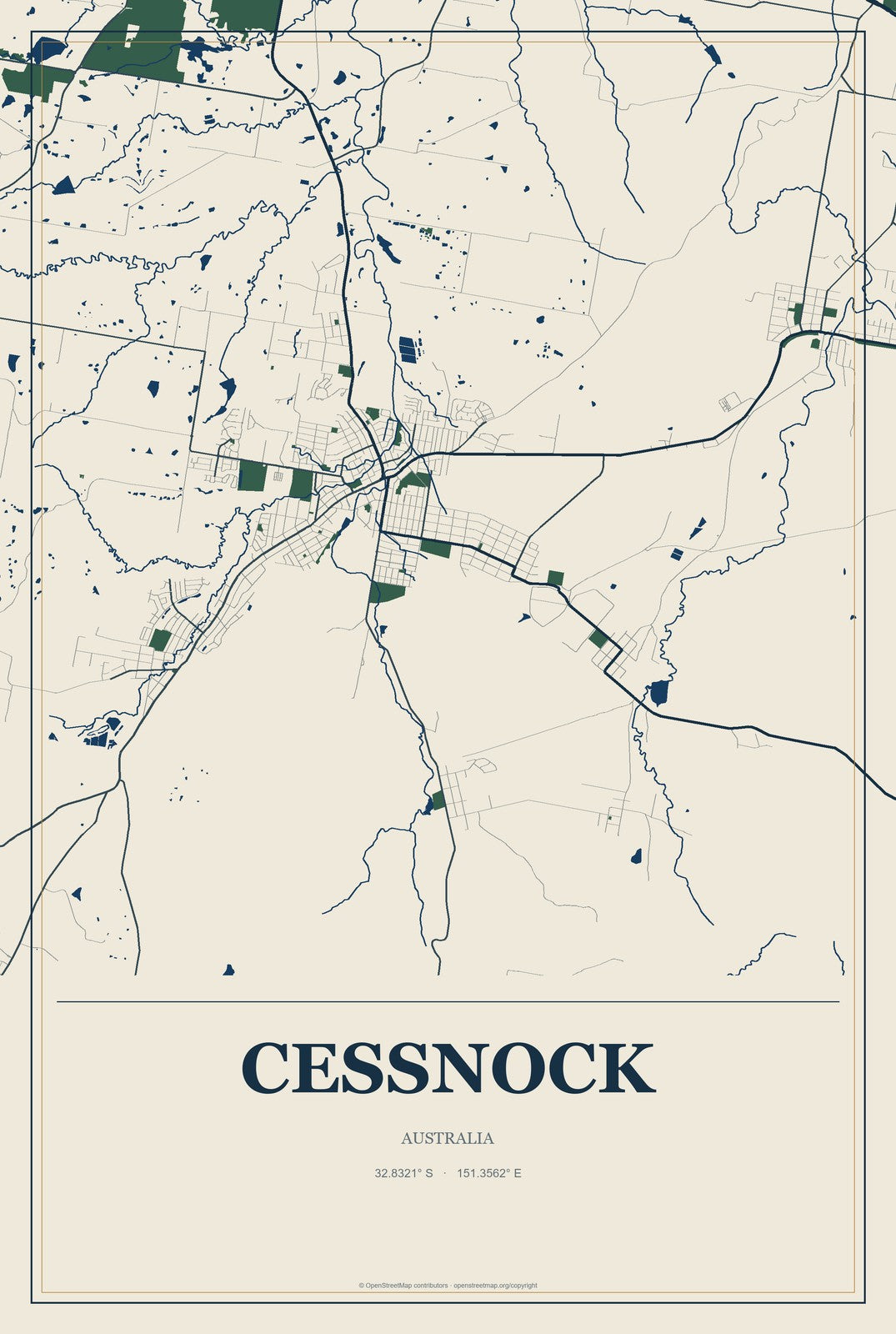 Cessnock, Australia City Map Aluminum Sign in Coastal Cutout style