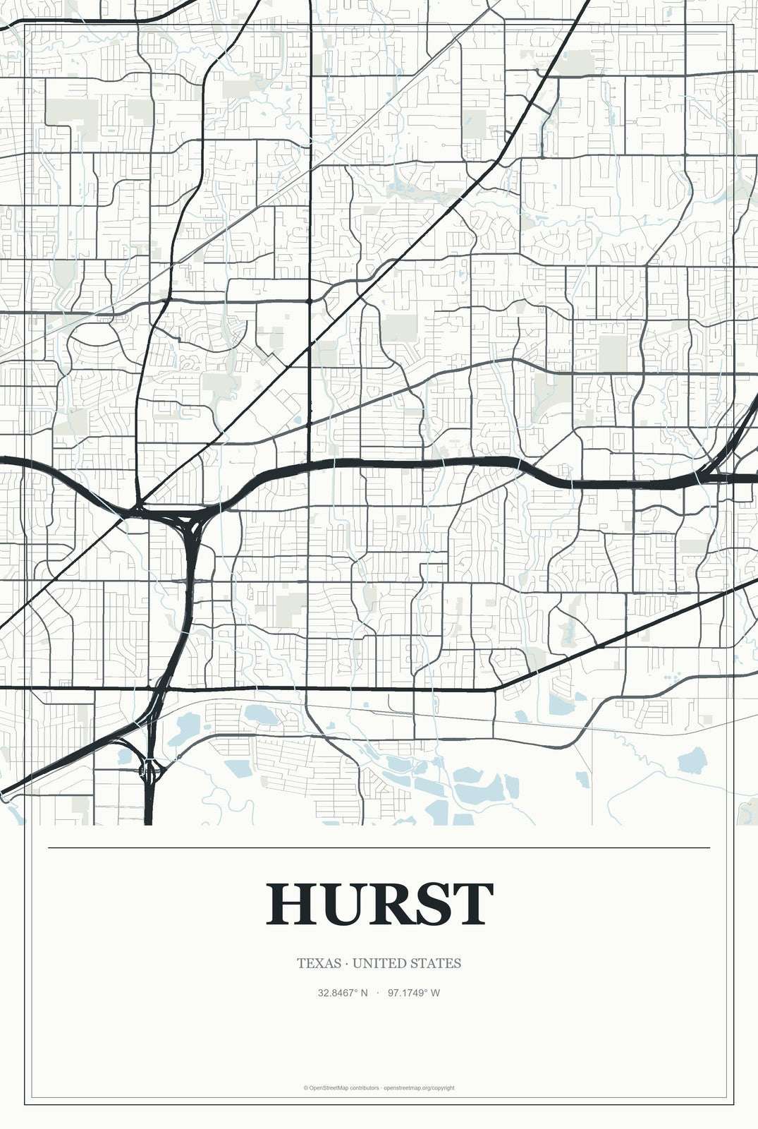 Hurst, Texas City Map Aluminum Sign in Gallery Air style