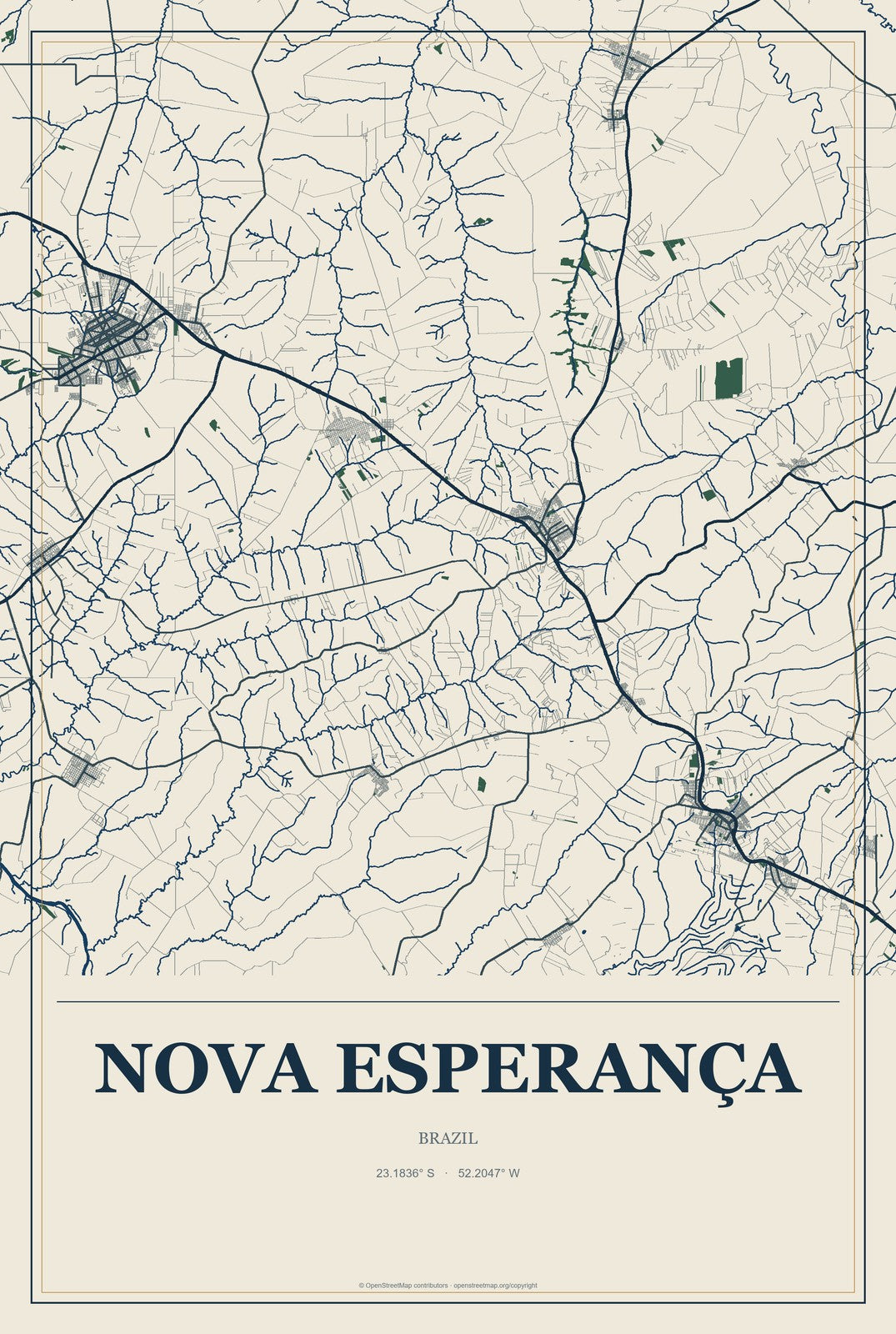Nova Esperança, Brazil City Map Aluminum Sign in Coastal Cutout style
