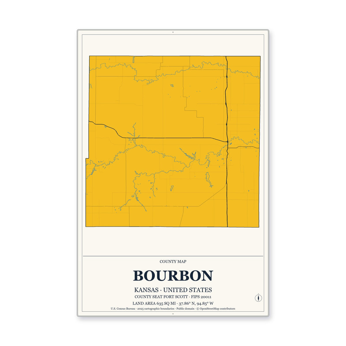 Bourbon County, Kansas Map Aluminum Sign in Citrine Modern style