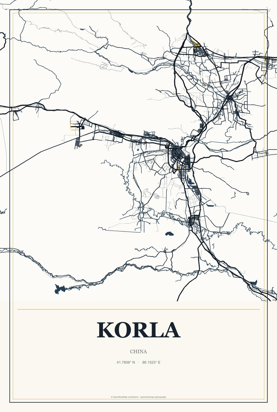 Korla, China City Map Aluminum Sign in Citrine Modern style