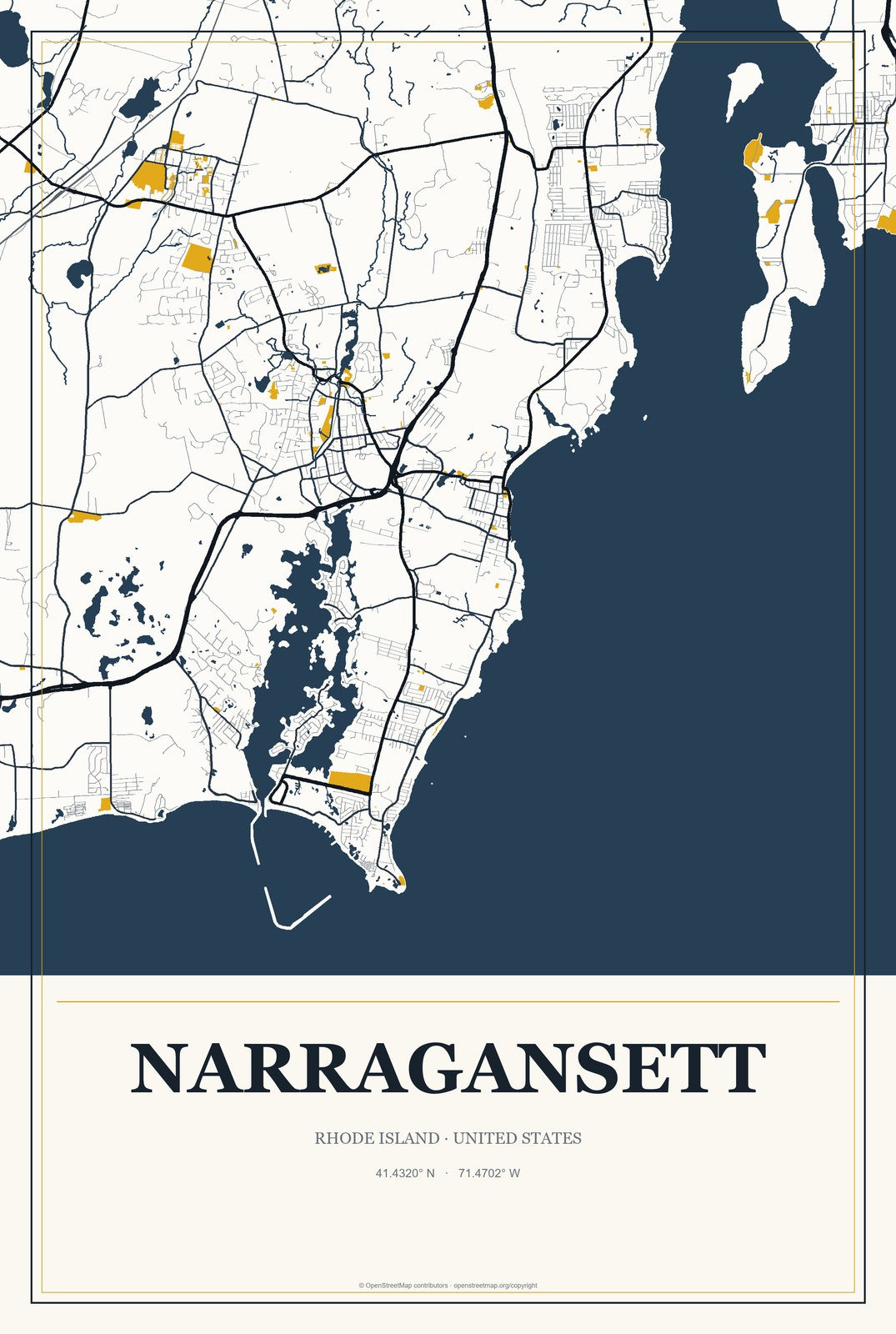 Narragansett, Rhode Island City Map Aluminum Sign in Citrine Modern style