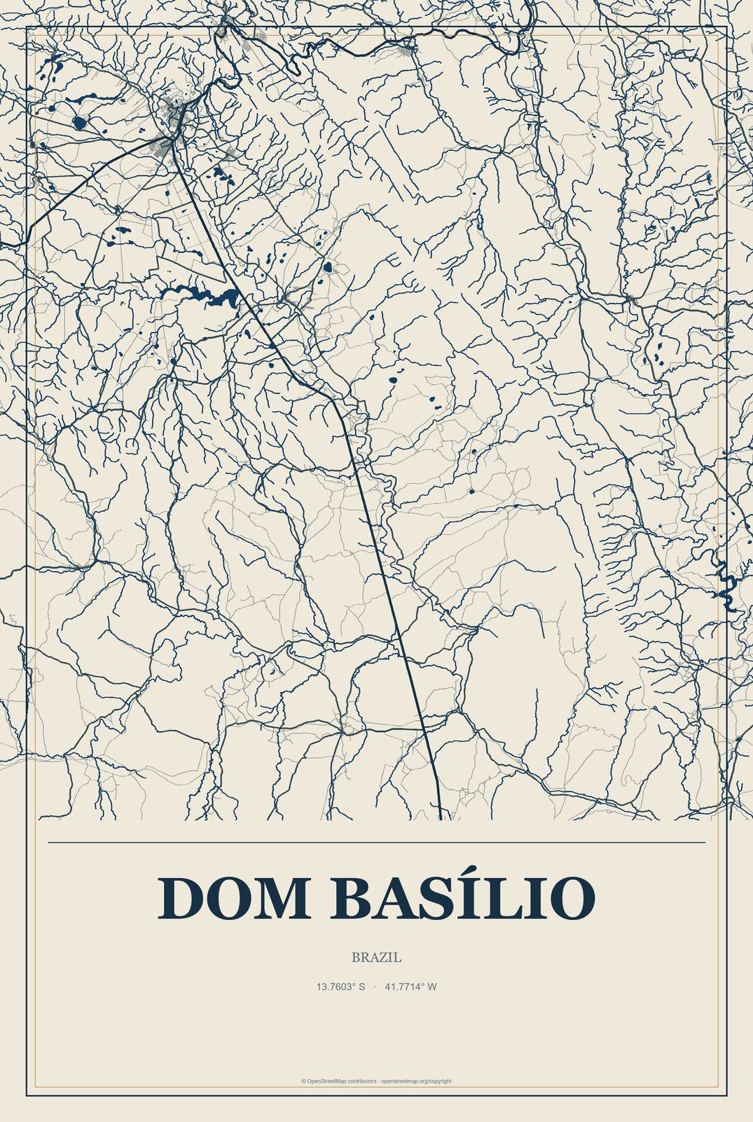 Dom Basílio, Brazil City Map Aluminum Sign in Coastal Cutout style