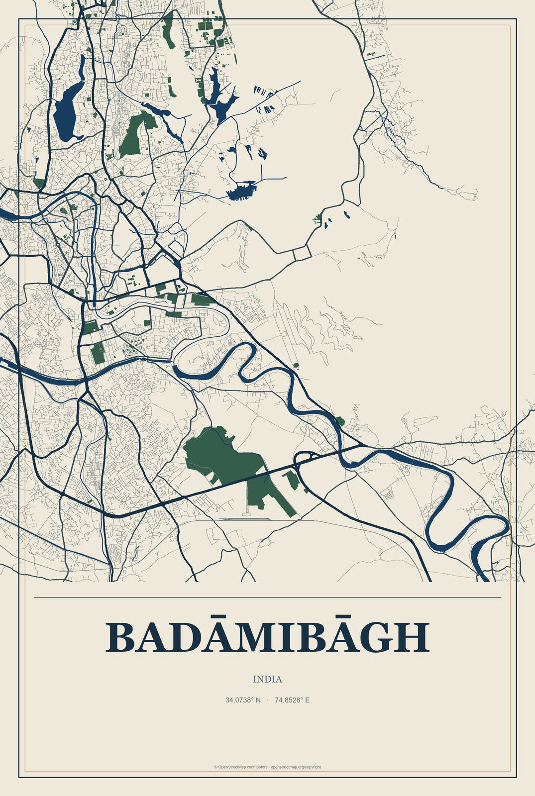 Badāmibāgh, India City Map Aluminum Sign in Coastal Cutout style