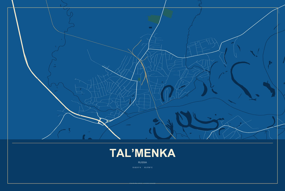 Tal’menka, Russia City Map Aluminum Sign in Harbor Cobalt style
