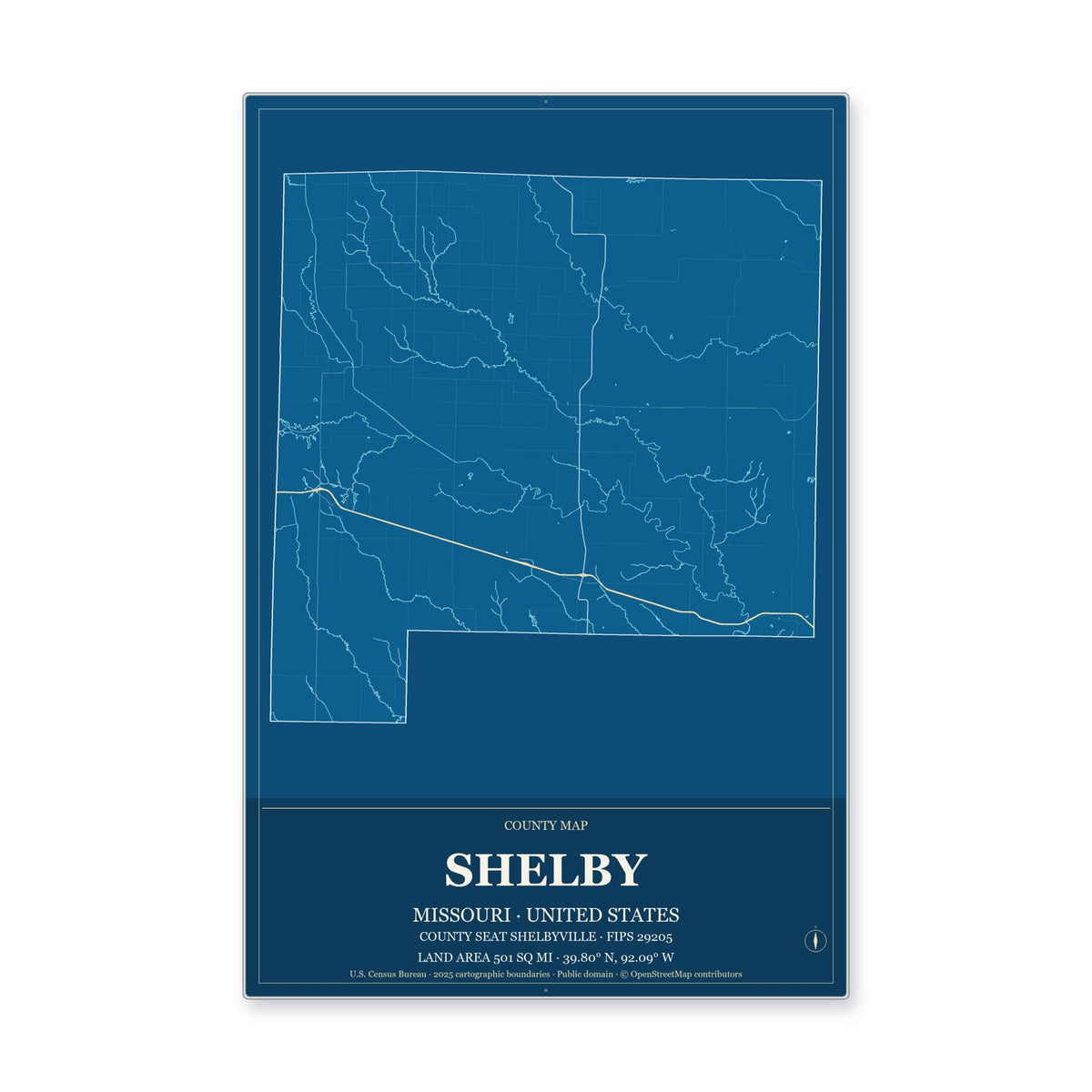Shelby County, Missouri Map Aluminum Sign in Harbor Cobalt style