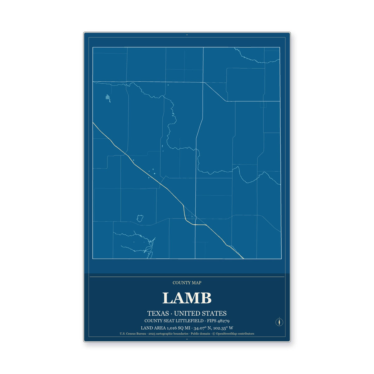 Lamb County, Texas Map Aluminum Sign in Harbor Cobalt style