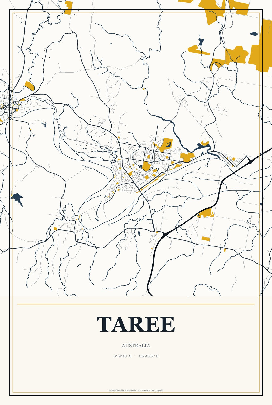 Taree, Australia City Map Aluminum Sign in Citrine Modern style