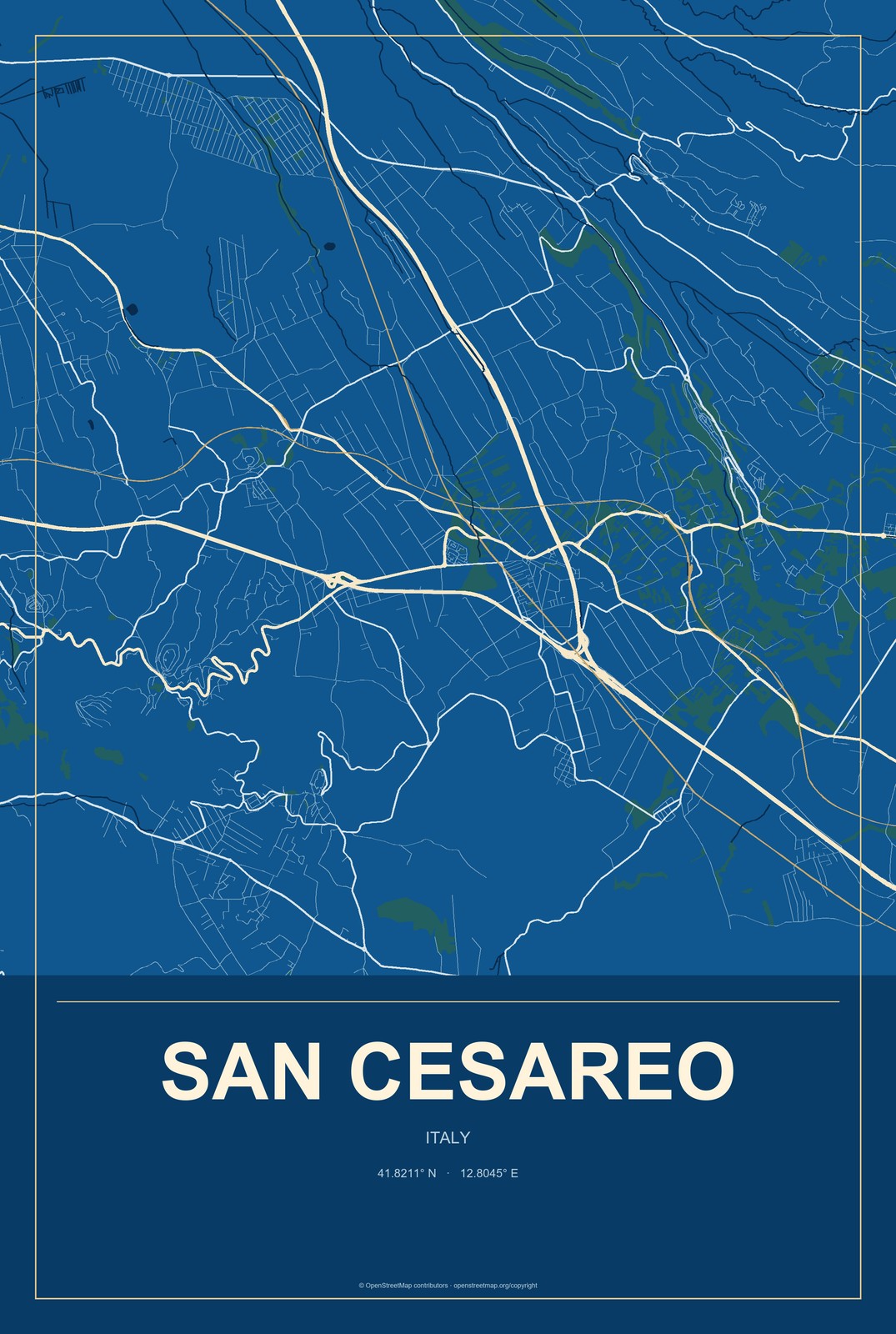San Cesareo, Italy City Map Aluminum Sign in Harbor Cobalt style