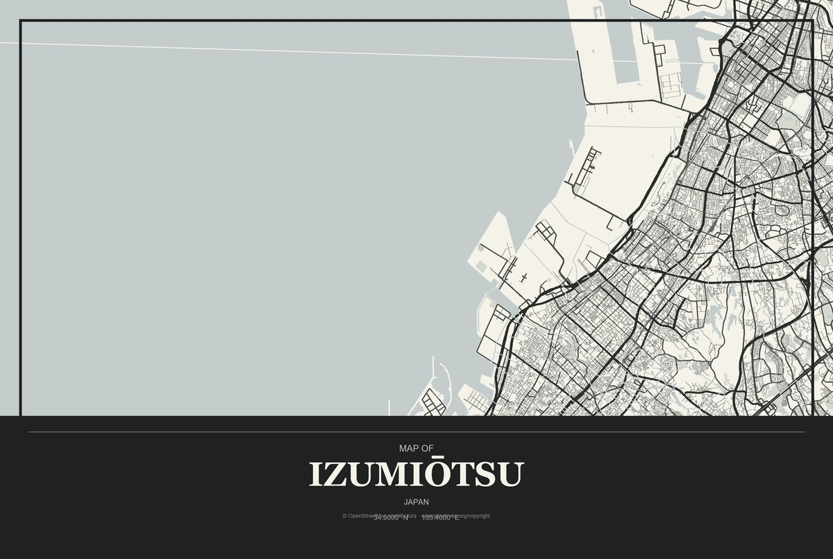 Izumiōtsu, Japan City Map Aluminum Sign in Museum Plaque style