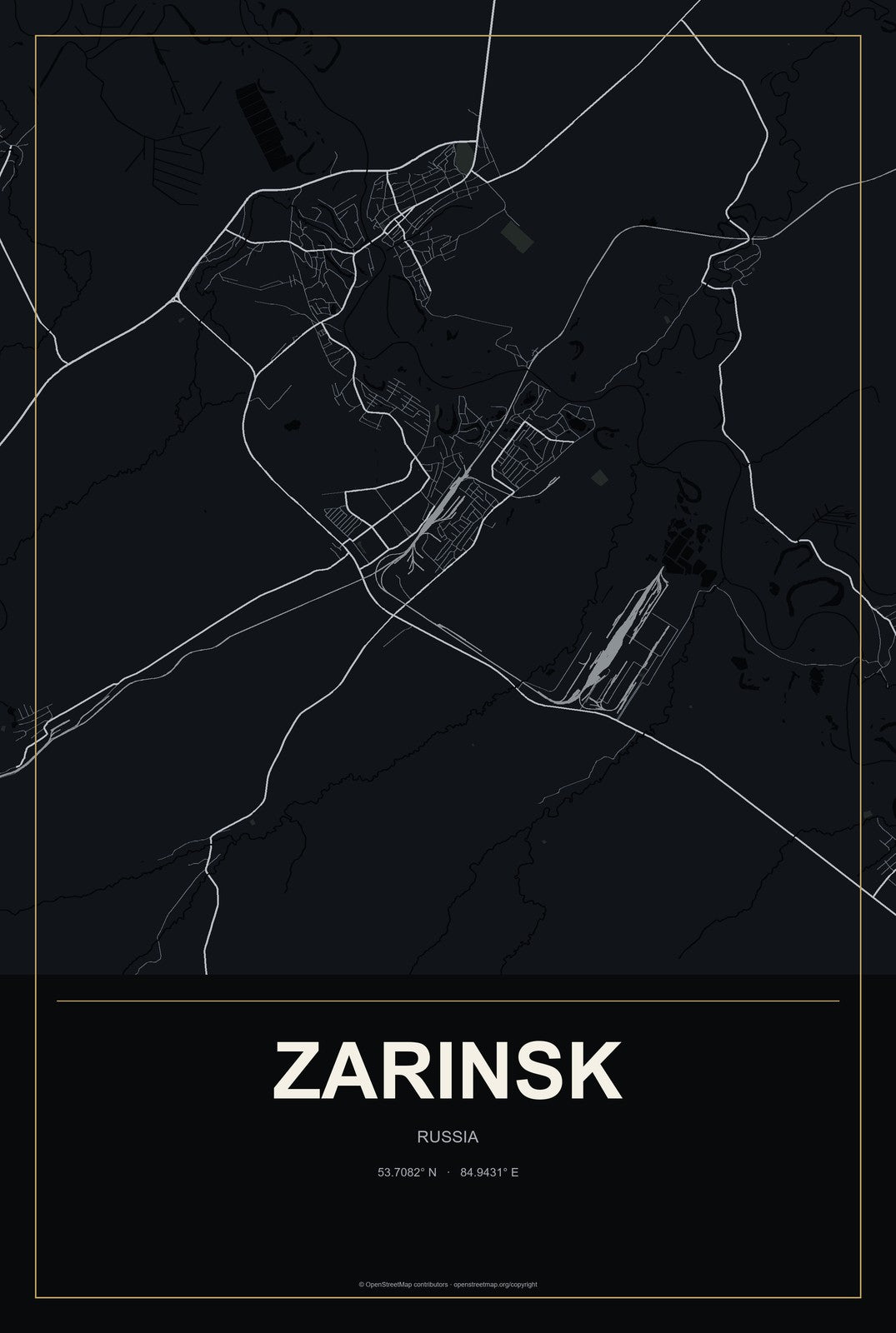 Zarinsk, Russia City Map Aluminum Sign in Metropolitan Noir style