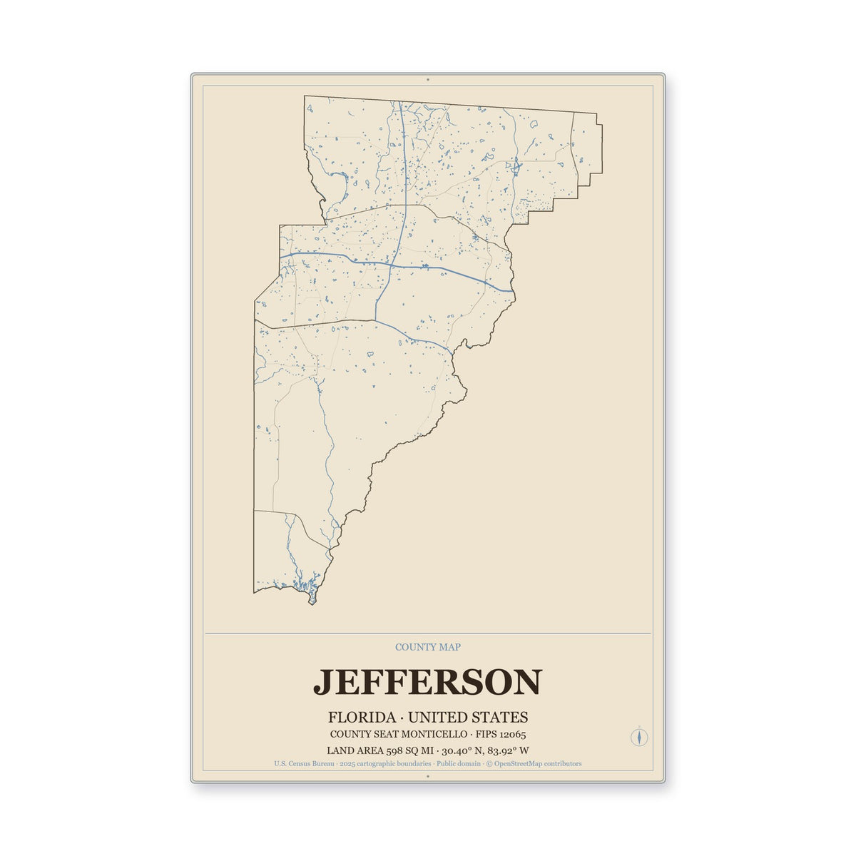 Jefferson County, Florida Map Aluminum Sign in Heritage Nautical style