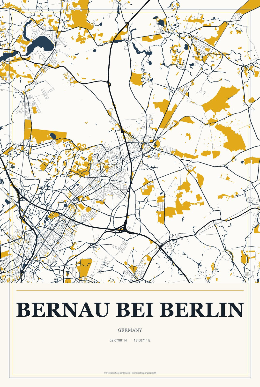 Bernau bei Berlin, Germany City Map Aluminum Sign in Citrine Modern style