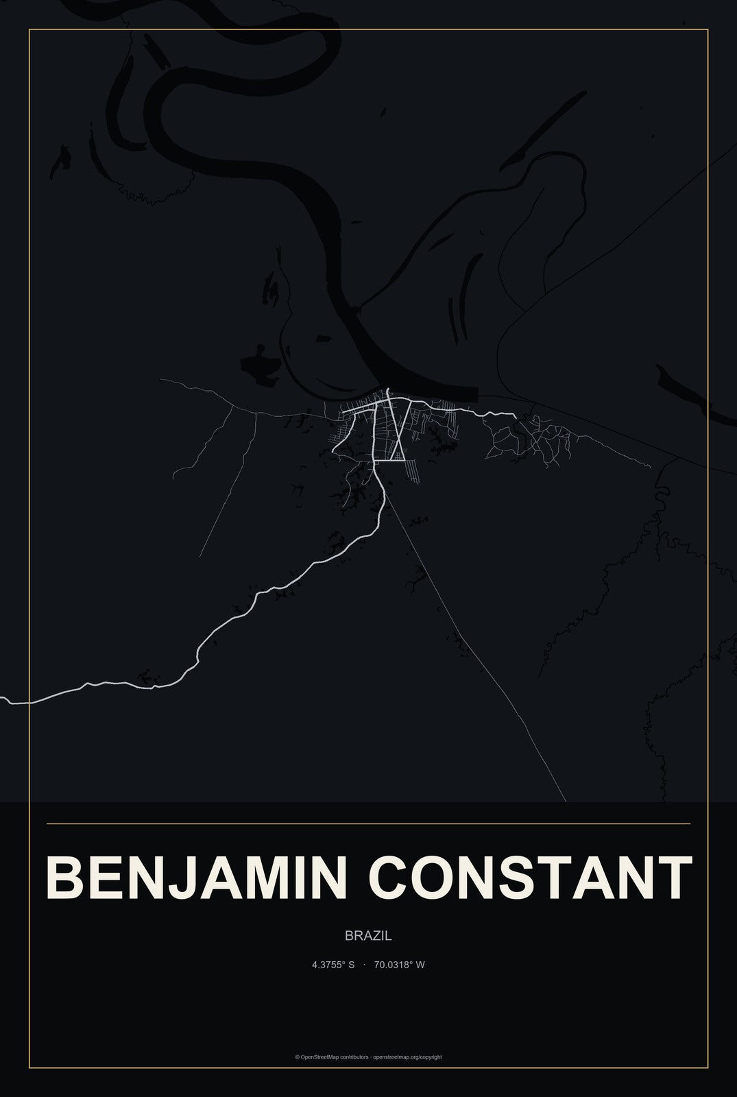 Benjamin Constant, Brazil City Map Aluminum Sign in Metropolitan Noir style
