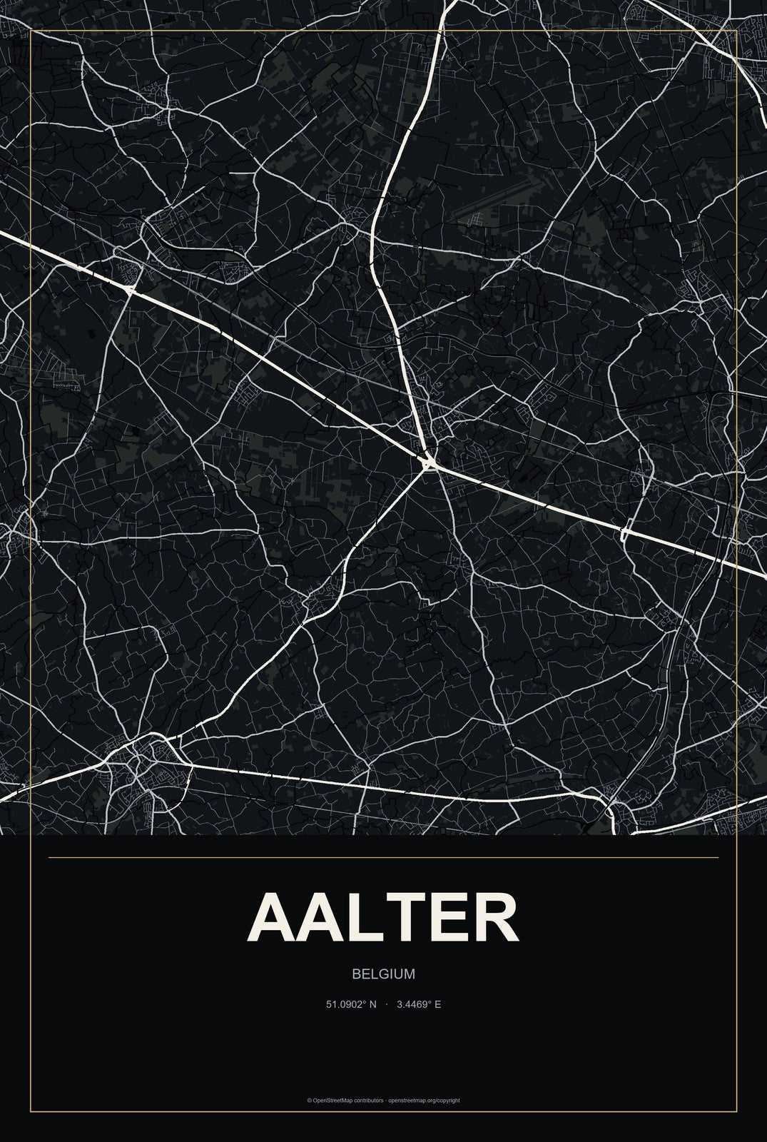 Aalter, Belgium City Map Aluminum Sign in Metropolitan Noir style