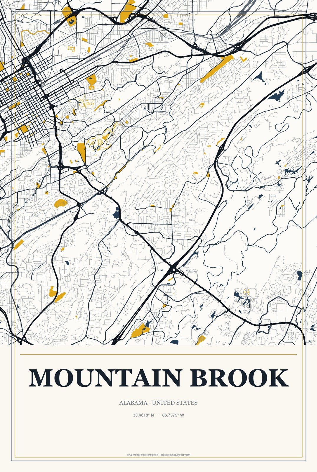 Mountain Brook, Alabama City Map Aluminum Sign in Citrine Modern style