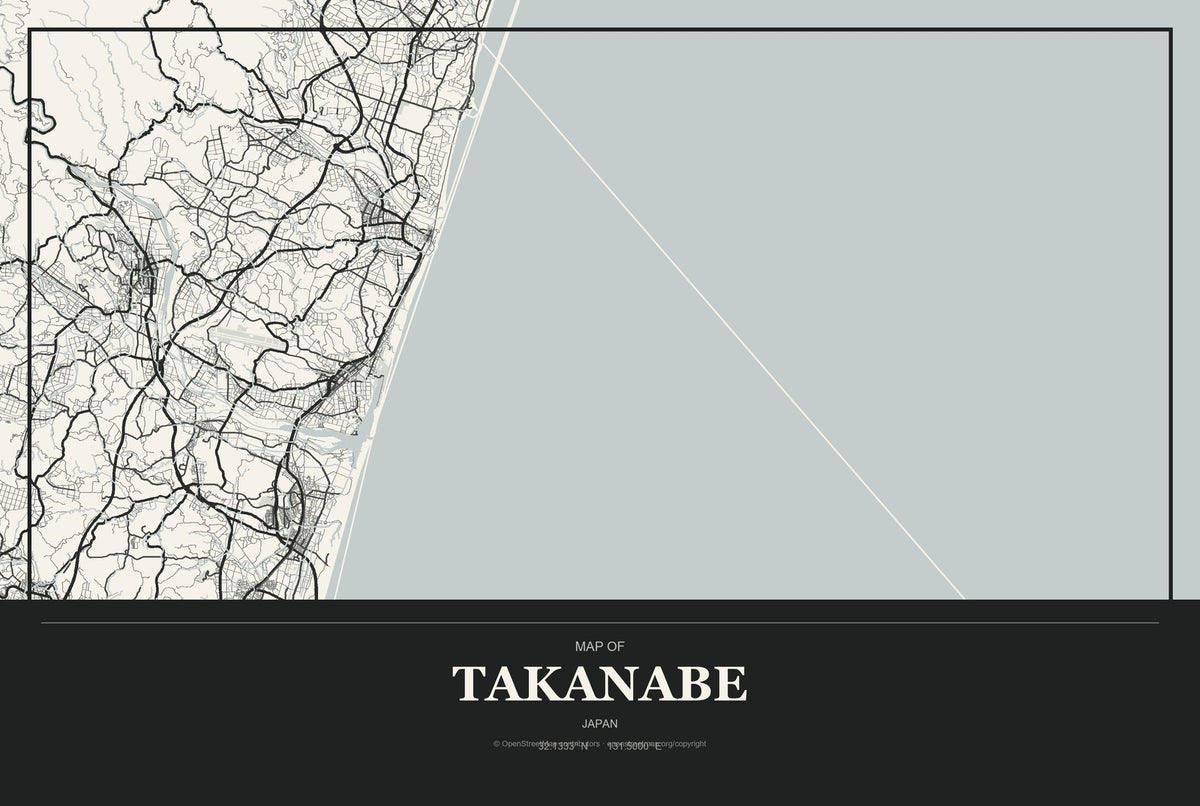 Takanabe, Japan City Map Aluminum Sign in Museum Plaque style