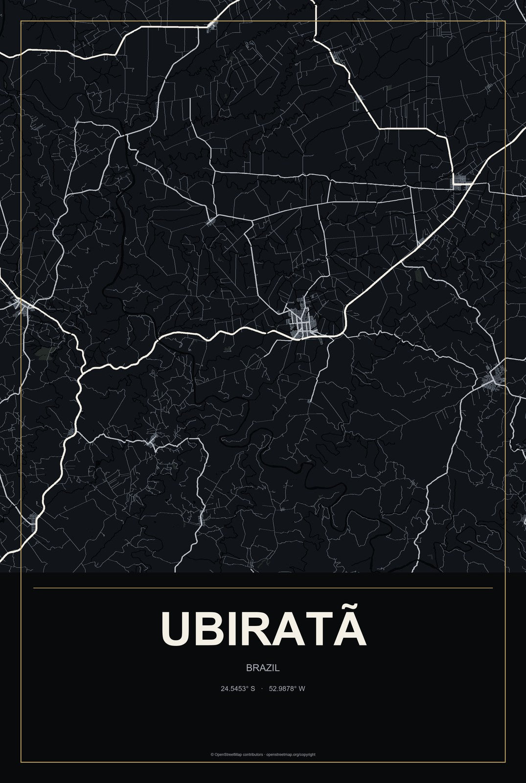 Ubiratã, Brazil City Map Aluminum Sign in Metropolitan Noir style