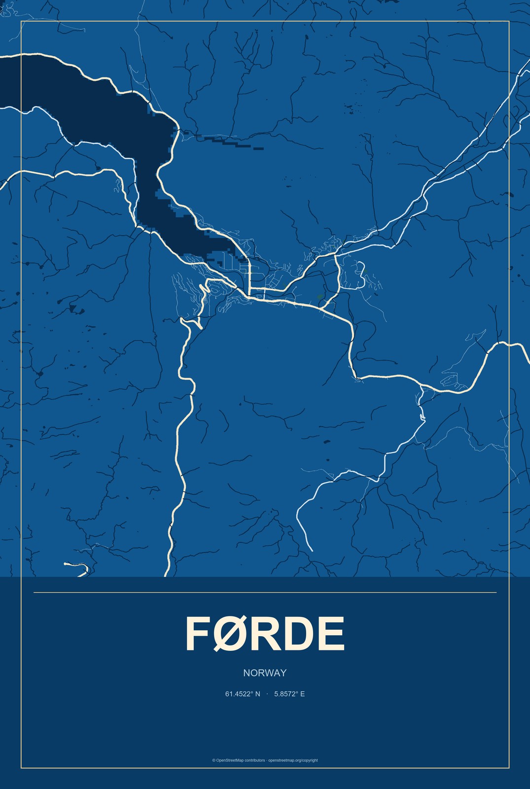 Førde, Norway City Map Aluminum Sign in Harbor Cobalt style