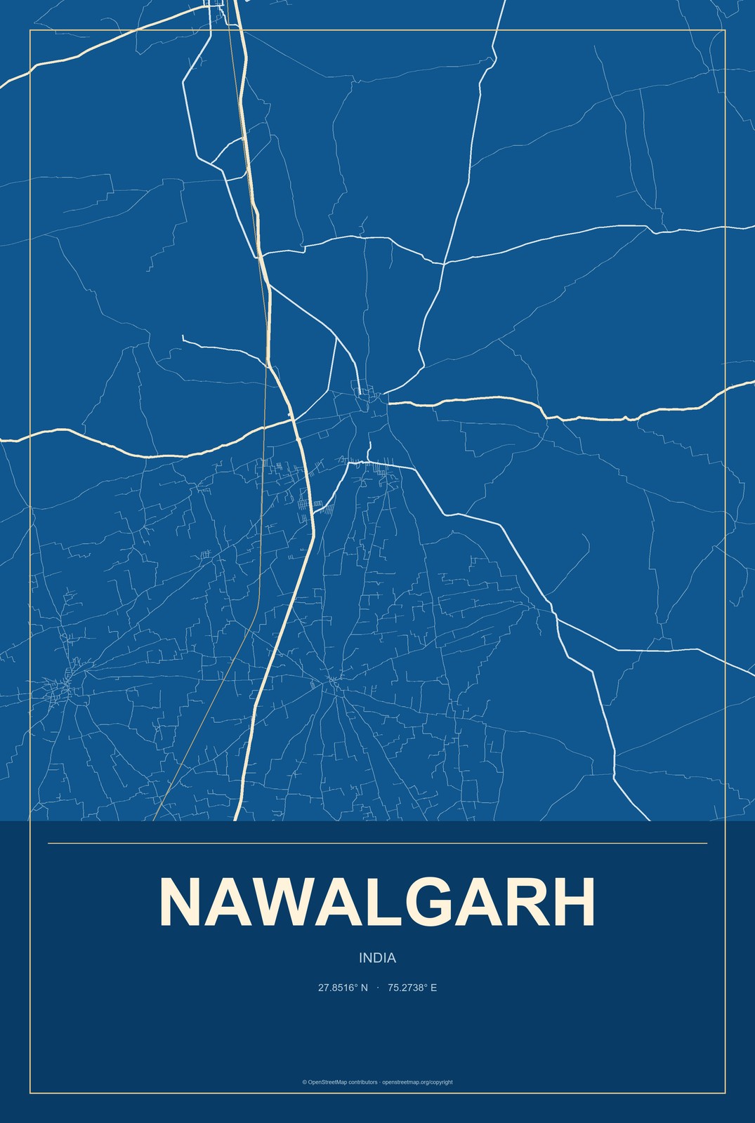 Nawalgarh, India City Map Aluminum Sign in Harbor Cobalt style