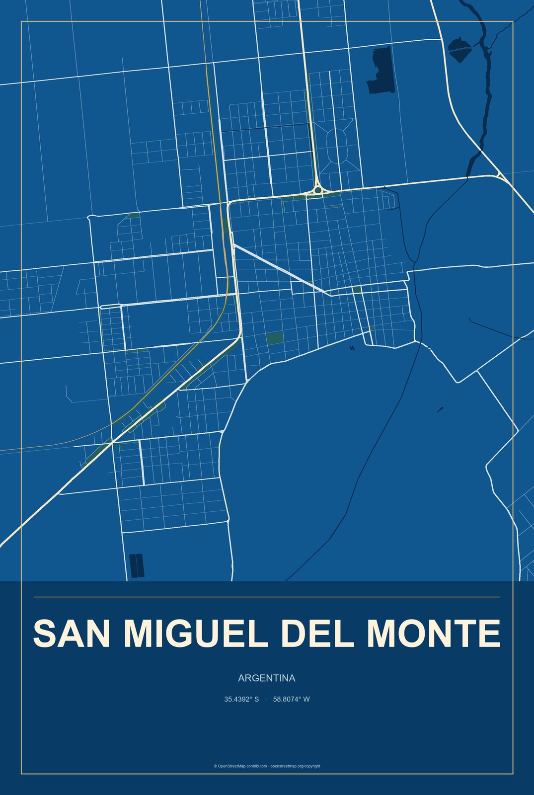 San Miguel del Monte, Argentina City Map Aluminum Sign in Harbor Cobalt style