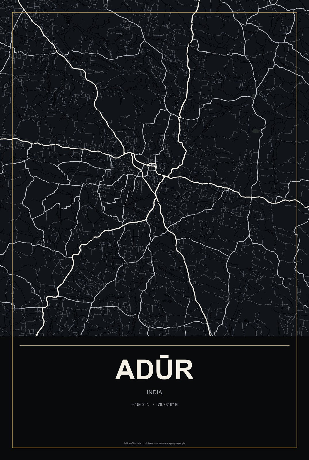 Adūr, India City Map Aluminum Sign in Metropolitan Noir style