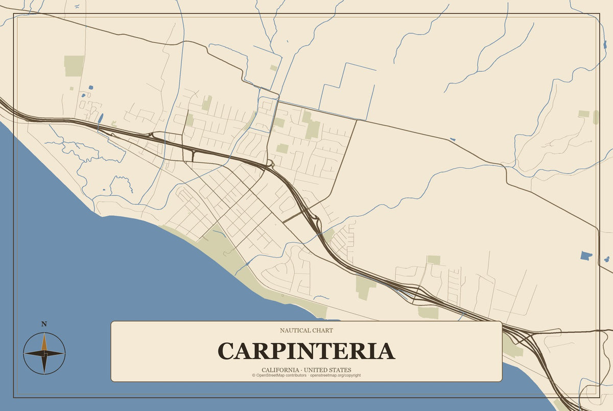 Carpinteria, California City Map Aluminum Sign in Heritage Nautical style