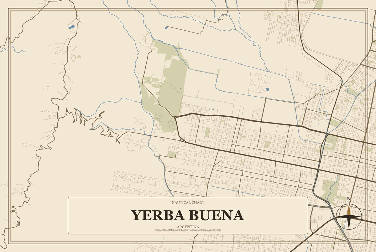 Yerba Buena, Argentina City Map Aluminum Sign in Heritage Nautical style