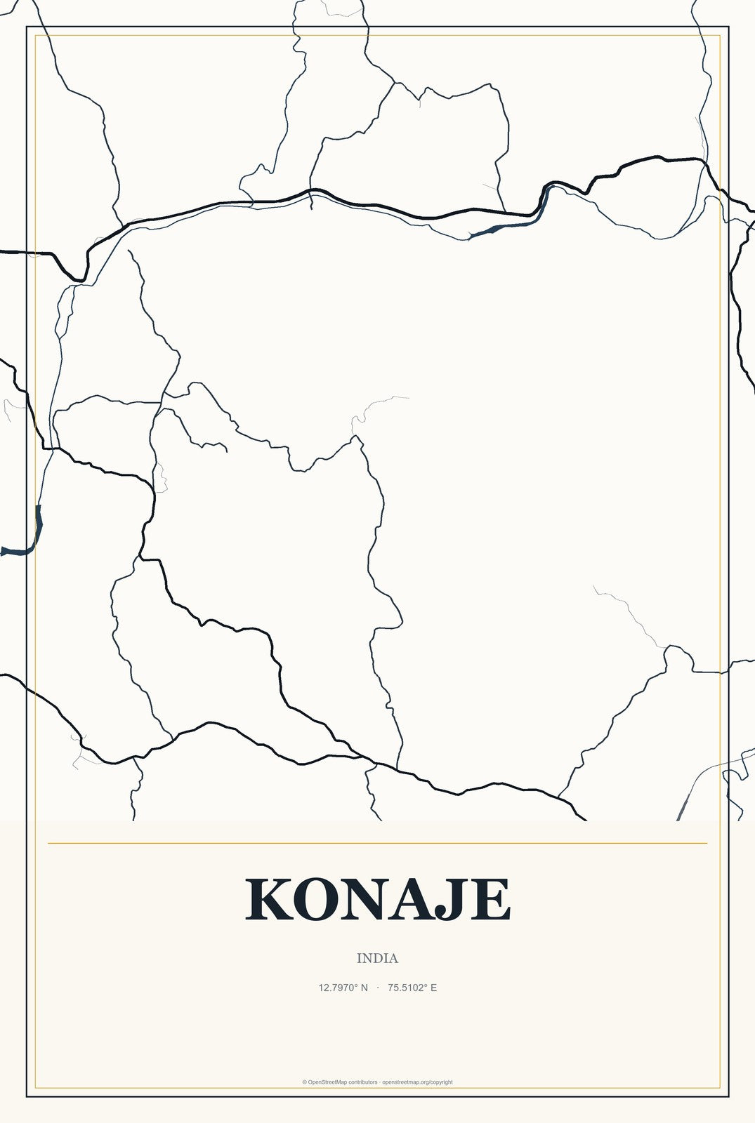 Konaje, India City Map Aluminum Sign in Citrine Modern style