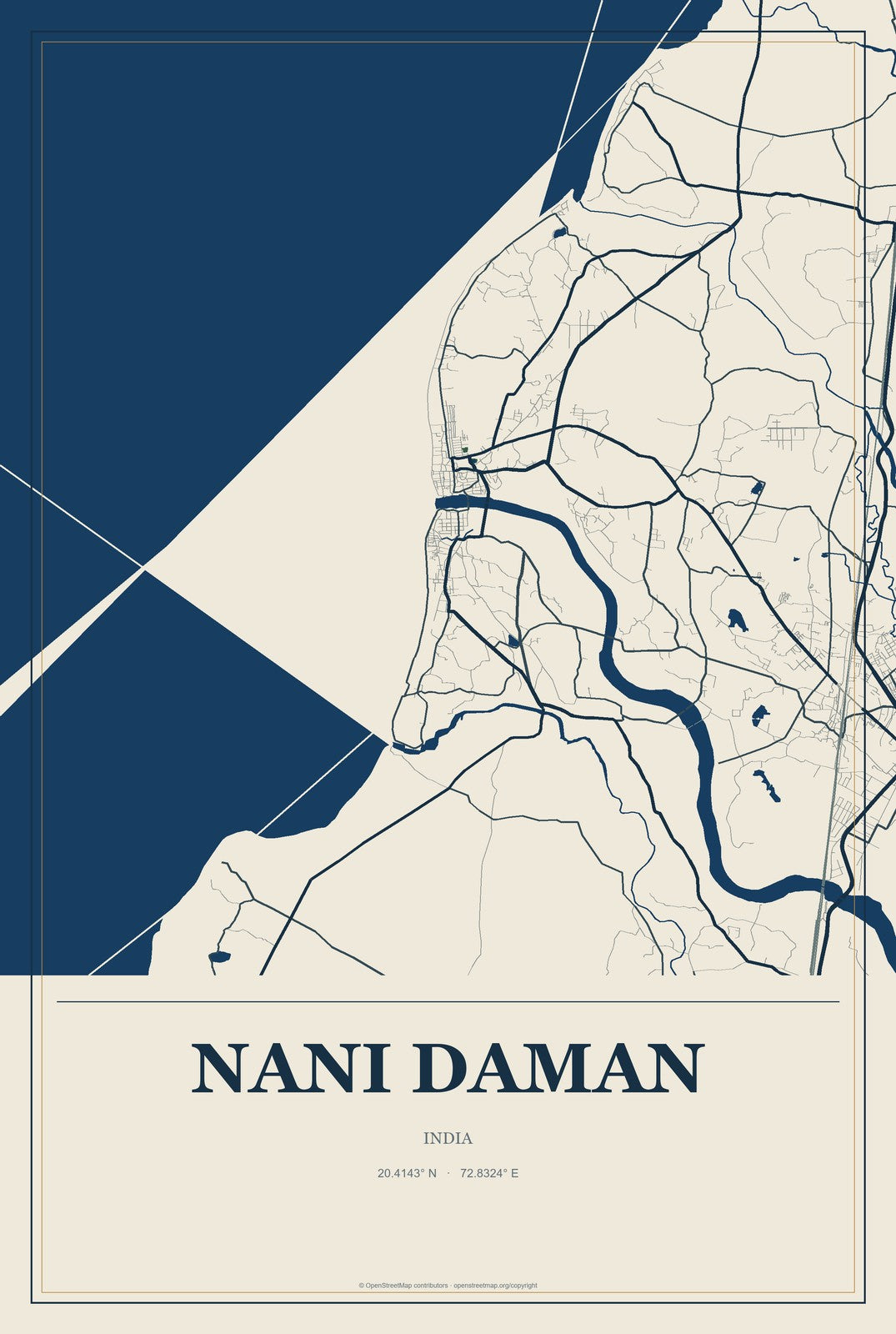 Nani Daman, India City Map Aluminum Sign in Coastal Cutout style