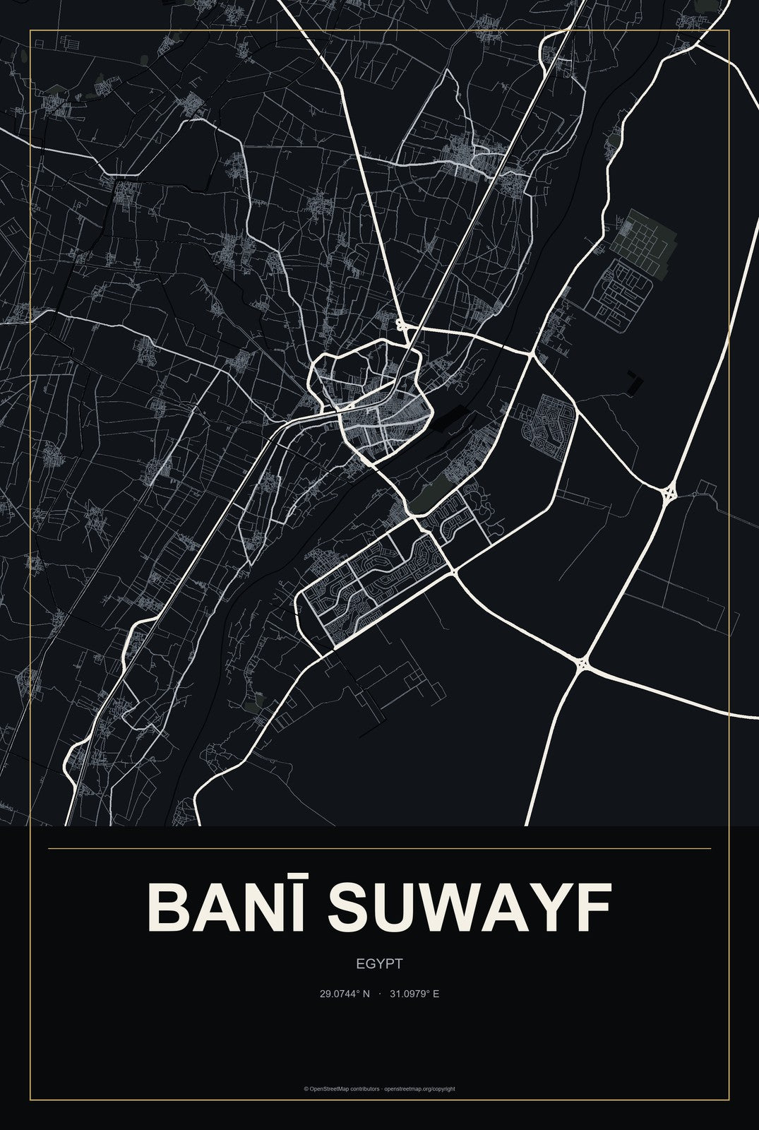 Banī Suwayf, Egypt City Map Aluminum Sign in Metropolitan Noir style
